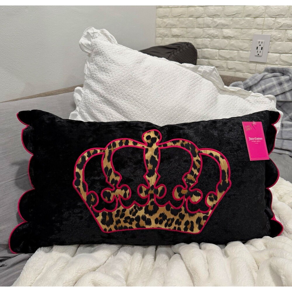 Juicy Couture Pink Crown Throw Pillow Black Velvet Leopard Animal Print Plush